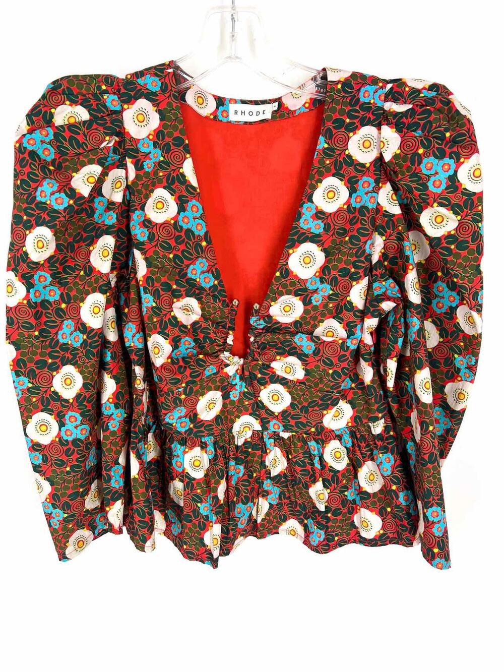 Rhode Size 2 Rd/Gr/Wh Floral Puff Sleeve Designer Top-Long Sleeve